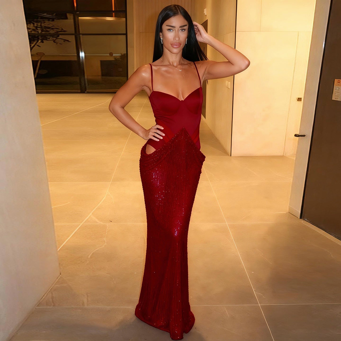 Elegant Graceful Women Cocktail Dress Sequined Chest Split Boning Corset Cropped Outfit Hollow Out Cutout Dress by Ragazza