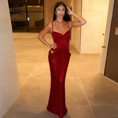 Elegant Graceful Women Cocktail Dress Sequined Chest Split Boning Corset Cropped Outfit Hollow Out Cutout Dress by Ragazza