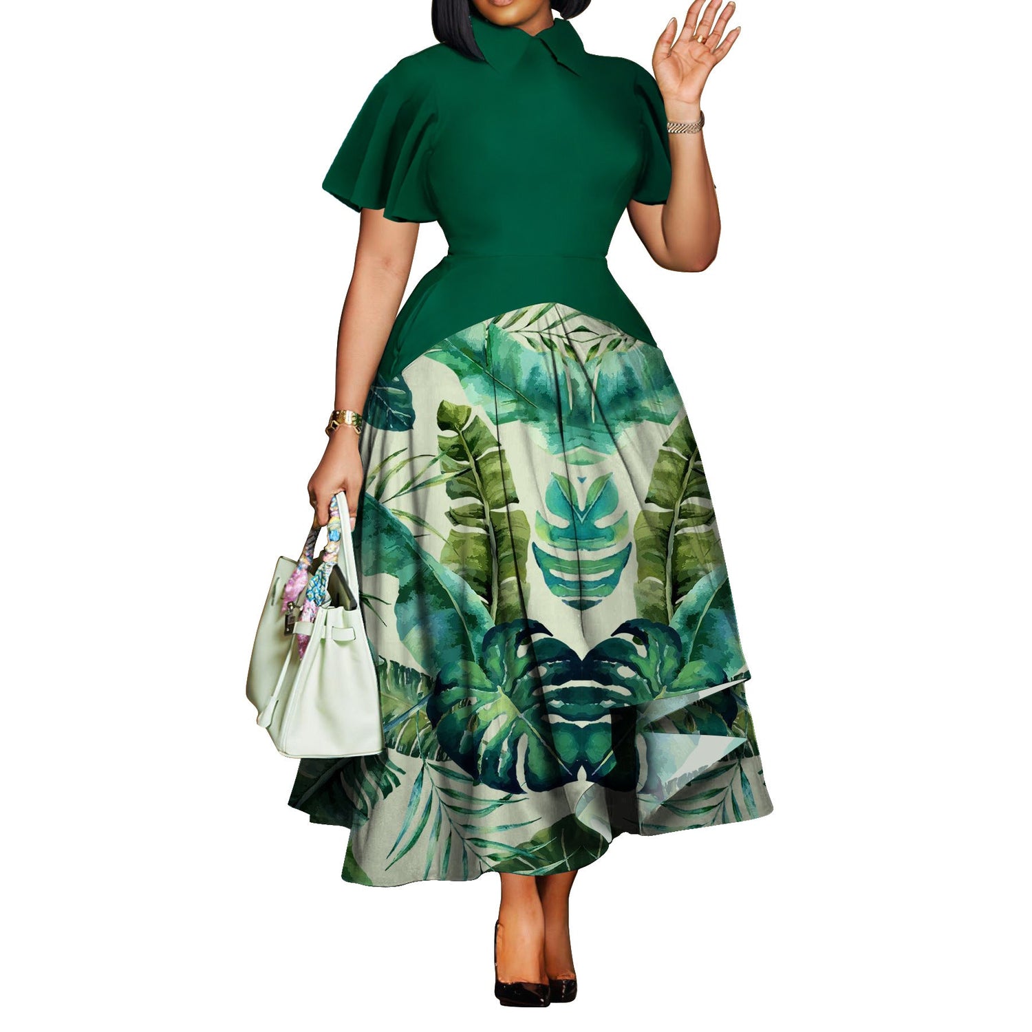 Plus Size Women Clothing Summer Fashionable Elegant Collared Ruffle Sleeve Dress Large Swing African Dress With pockets by Ragazza