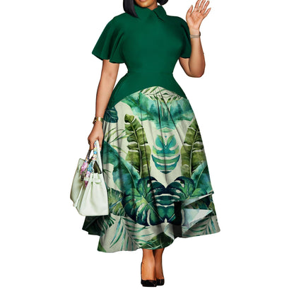 Plus Size Women Clothing Summer Fashionable Elegant Collared Ruffle Sleeve Dress Large Swing African Dress With pockets by Ragazza