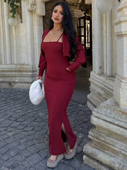 Women Autumn Long Sleeve Top Sexy Pure Want Sheath Dress Two Piece Sets by Ragazza