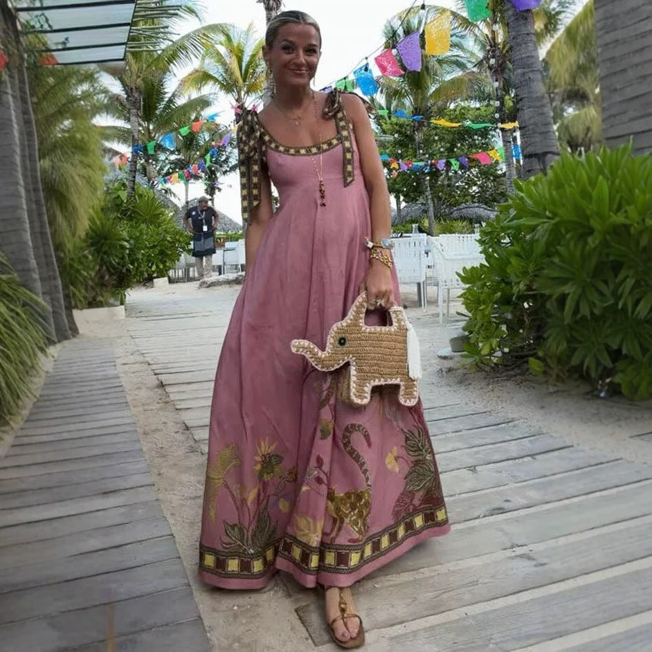 Positioning Floral Print Linen Sling Pocket Maxi Dress Bohemian Holiday Swing Dress by Ragazza