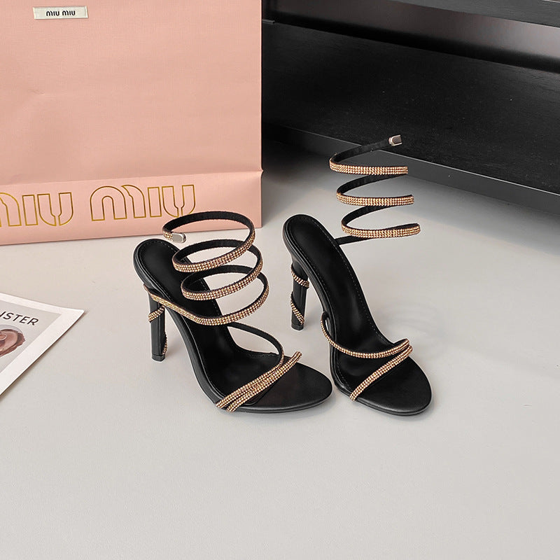 Summer Snake Shaped Rhinestone High Heel Shoes Internet Celebrity Fairy Winding Stiletto Sandals Women  DestGlow