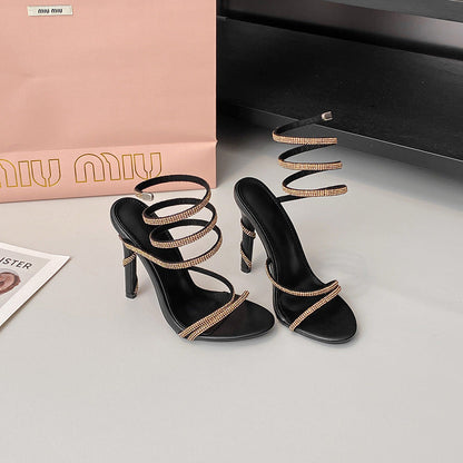 Summer Snake Shaped Rhinestone High Heel Shoes Internet Celebrity Fairy Winding Stiletto Sandals Women  DestGlow