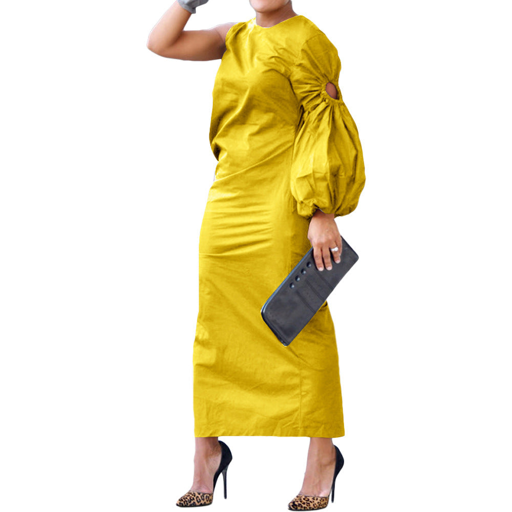 Women Clothing Autumn Solid Color Single Sleeve Hollow Out Cutout out Side Slit Dress