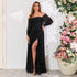 Black off Shoulder Long Sleeve Chiffon Embroidered Evening Dress High Slit Fully Lined Party Dress by Ragazza