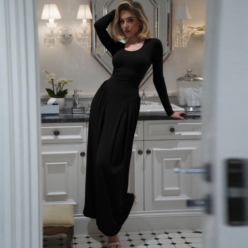 Women Autumn French U Shaped Collar Solid Color Long Sleeve Tied Waist Slimming Dress by Ragazza