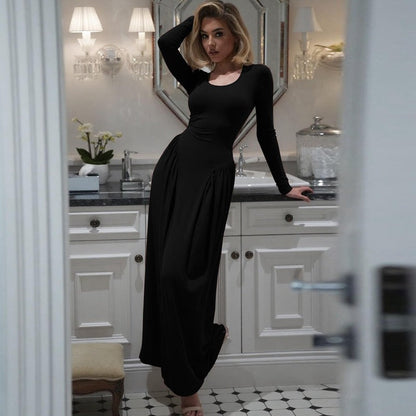 Women Autumn French U Shaped Collar Solid Color Long Sleeve Tied Waist Slimming Dress by Ragazza