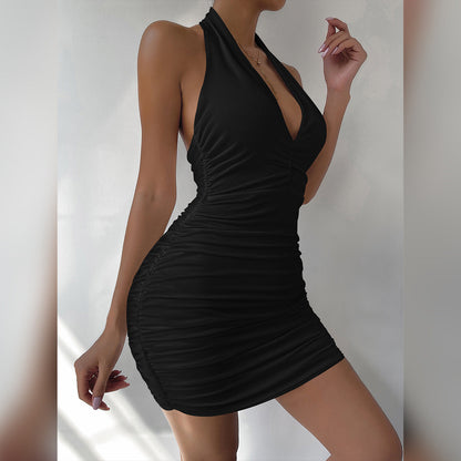 Summer New Women Clothing V-neck Halter Backless off-Shoulder Sexy Minimalist Pleated Dress by Ragazza