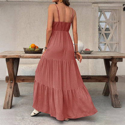Sexy Vacation Solid Color Deep V Plunge neck Strap Tiered Dress by Ragazza