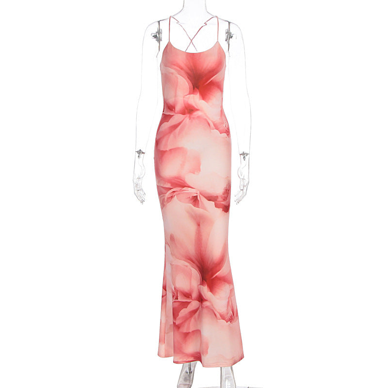 Summer Women Elegant Sexy Print Backless Slim Fit Waist Sheath Dress by Ragazza