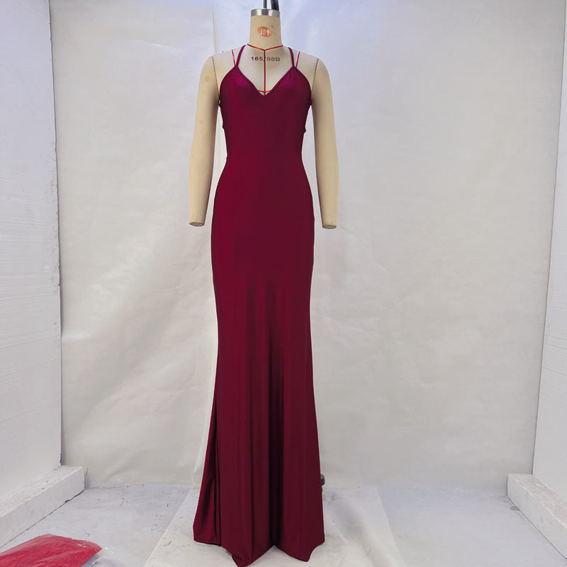 Women Clothing Spring Summer Solid Color Sexy Backless Hip Slimming Long Strap Dress by Ragazza