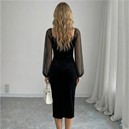 Square Collar Velvet Long Sleeves Women Lantern Sleeve Waist Slimming Mid Length Hip Dress  DestGlow