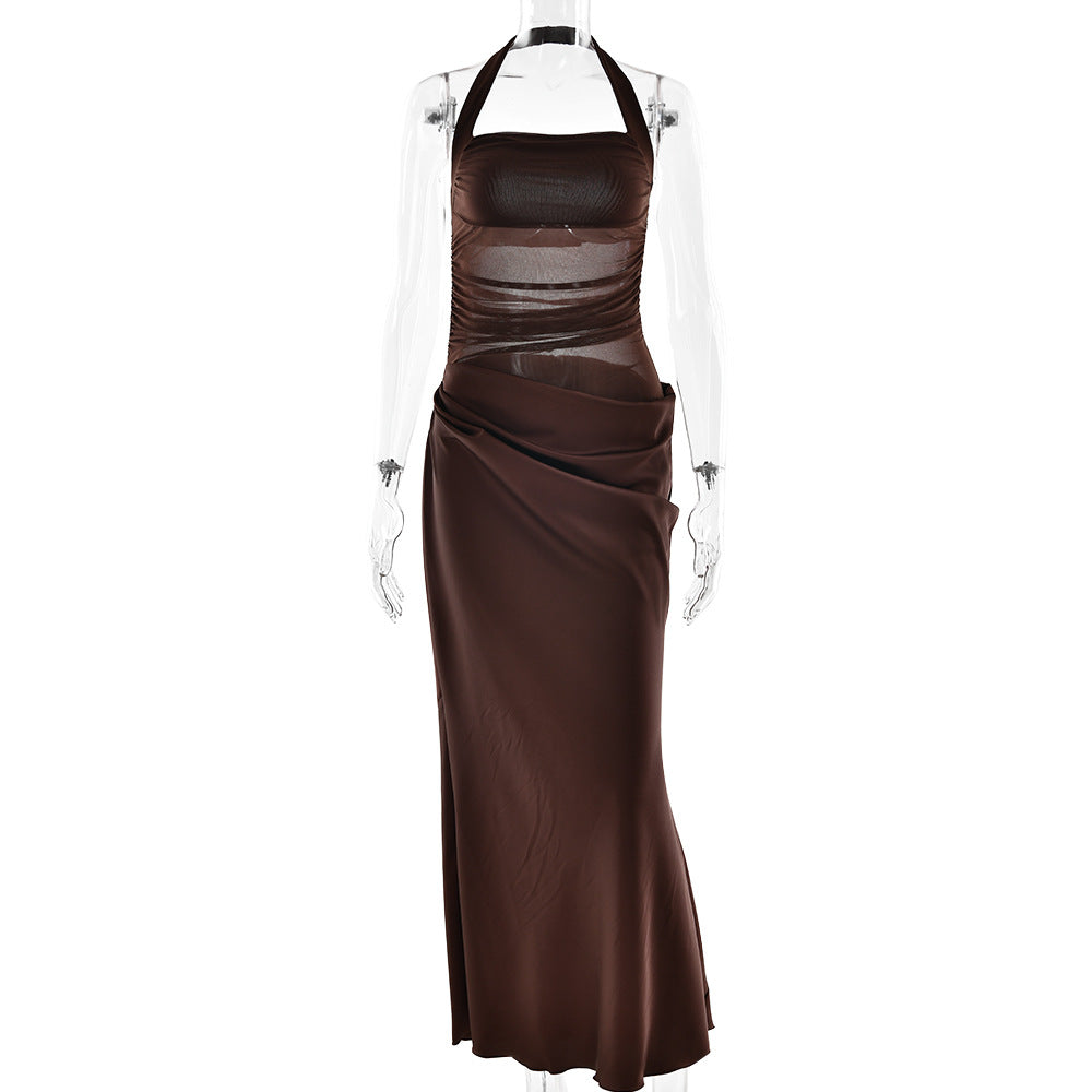 Spring Summer Sexy Backless Halter Satin Maxi Dress Sexy Hollow Out Cutout Sleeveless Dress by Ragazza