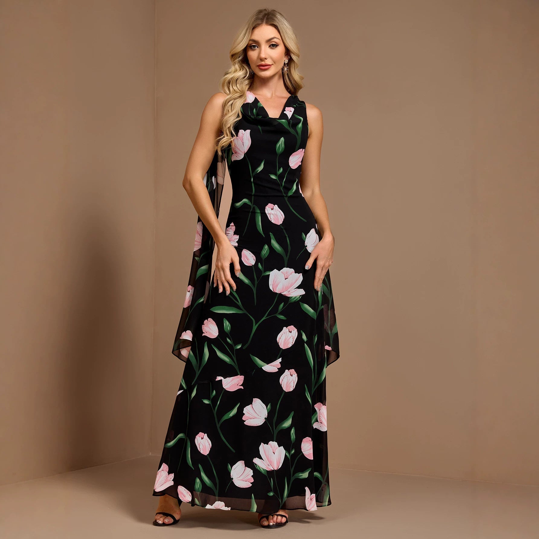 Women Summer Printed Sleeveless Large V Back U Neck A line Flared Sundress Ribbon Evening Dress  DestGlow