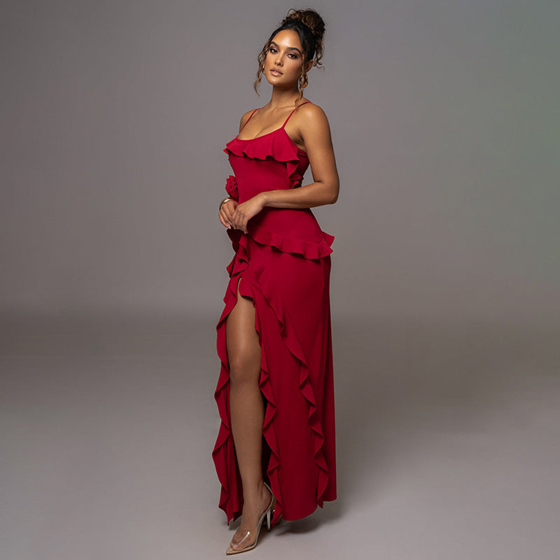 Spring Sexy Solid Color Backless Slit Splicing Sling Maxi Dress by Ragazza