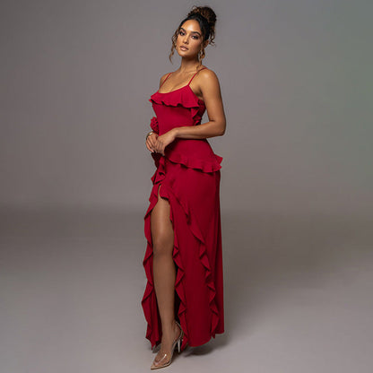 Spring Sexy Solid Color Backless Slit Splicing Sling Maxi Dress by Ragazza