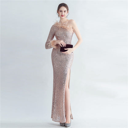 Craft Ostrich Feather Decorative Diagonal Shoulder Roman Collar Side Slit High End Evening Dress by Ragazza