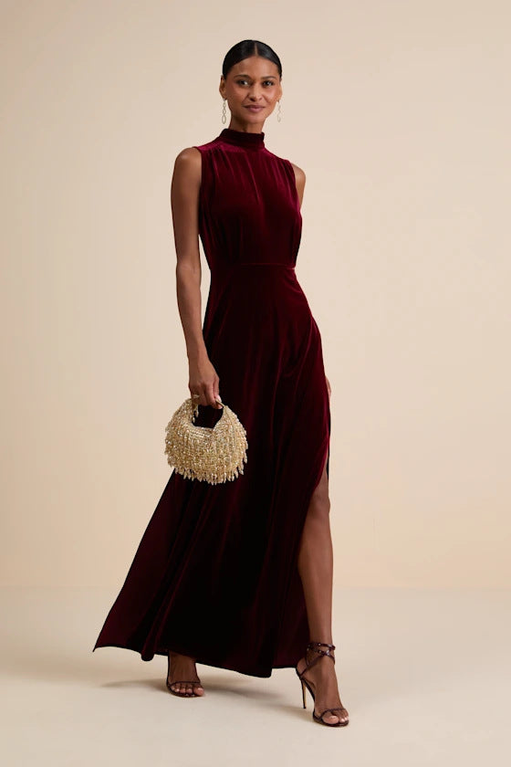 Graceful round Stand Collar Sleeveless Waist Slit Party Dinner Dress Solid Color Women Dress by Ragazza