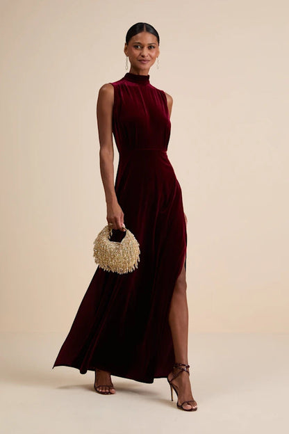 Graceful round Stand Collar Sleeveless Waist Slit Party Dinner Dress Solid Color Women Dress by Ragazza