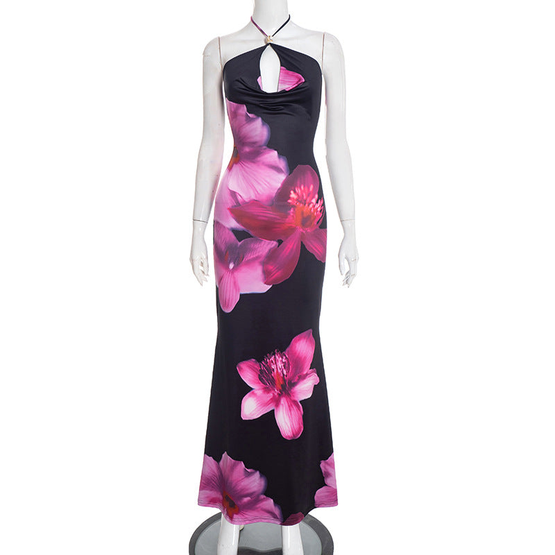 Women Clothing Spring Casual Floral Print Cross Halterneck Lace up Fishtail Maxi Dress by Ragazza