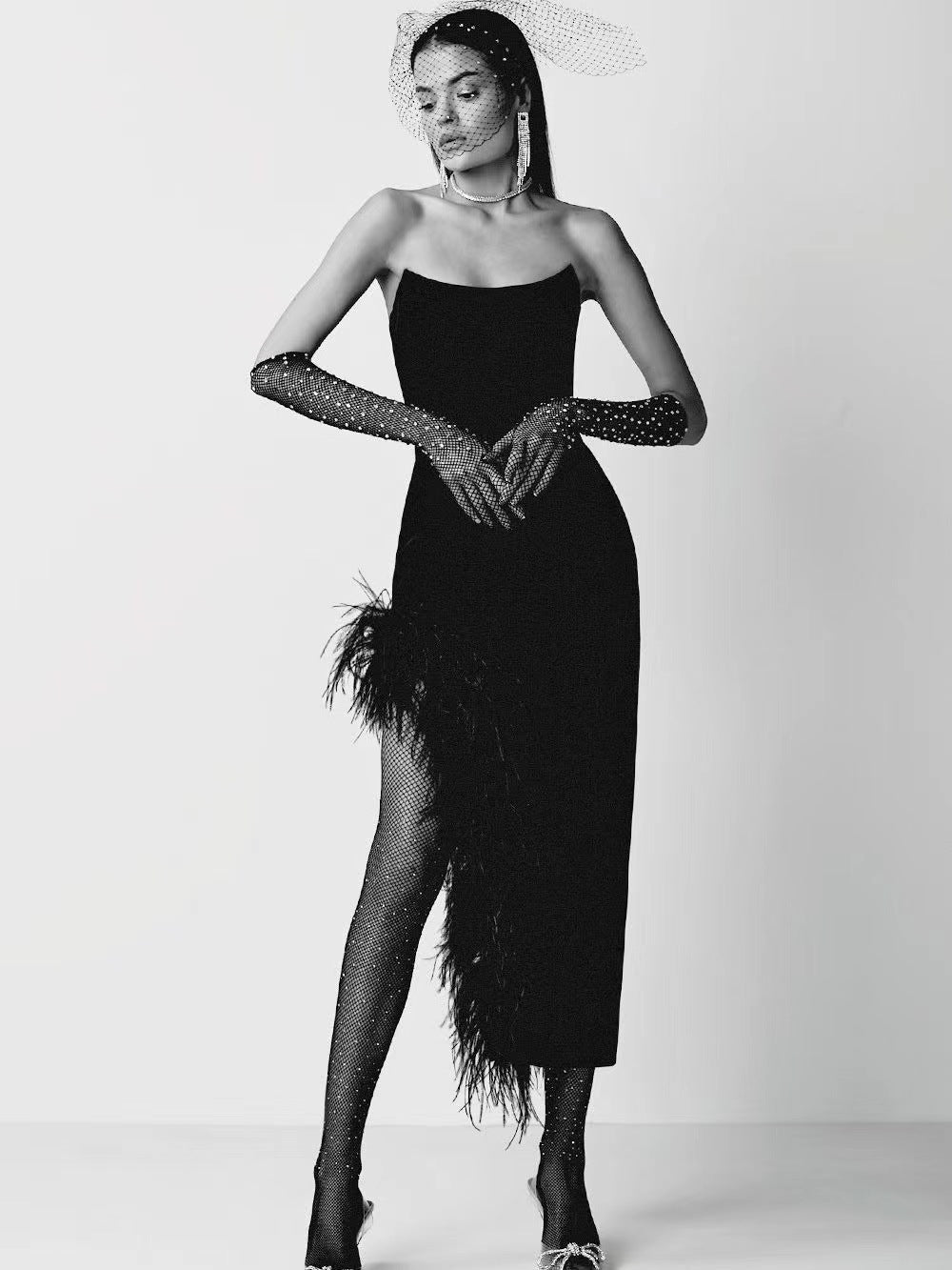 Summer High Waist Feather Split Sleeveless Tube Top Midi Dress Sexy Sweet Dress by Ragazza