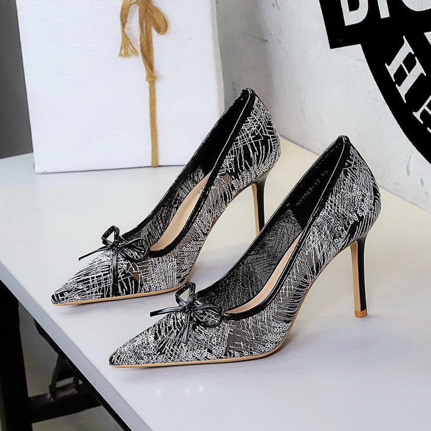 Sexy Party Lace Sequ Decorative Bowknot Slip on Super High Heel Pointed Toe  DestGlow