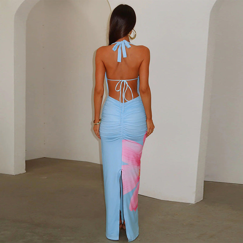 Spring Sexy Backless Slim Fit Maxi Dress Lace up Halterneck Printed Dress by Ragazza