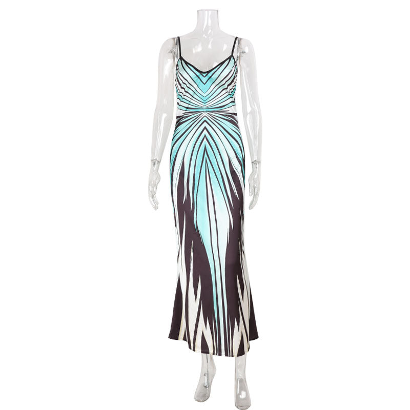 Women Striped Printed V neck Strap Slim Fit Dress by Ragazza