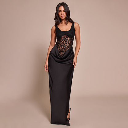 Women Clothing Autumn Winter Sexy Sleeveless Vest Lace Stitching Side Slit Dress for Women by Ragazza
