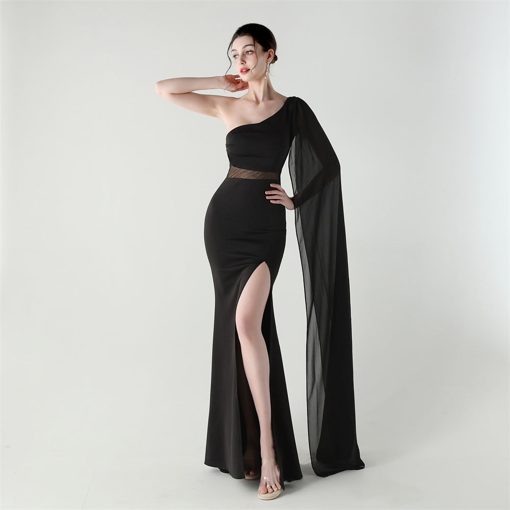 Single Shoulder Crossbody Stitching Mesh Design Satin Slim Cocktail Dress Evening Dress by Ragazza