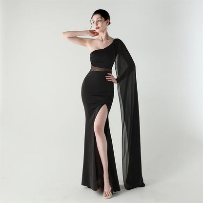 Single Shoulder Crossbody Stitching Mesh Design Satin Slim Cocktail Dress Evening Dress by Ragazza
