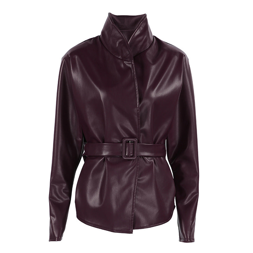 Retro Wine Red Autumn Winter Leather Coat Women Long Sleeve Stand Collar Belt Waist Tight Figure Flattering Leather Jacket by Ragazza