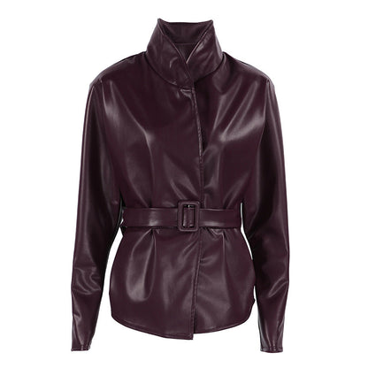 Retro Wine Red Autumn Winter Leather Coat Women Long Sleeve Stand Collar Belt Waist Tight Figure Flattering Leather Jacket by Ragazza