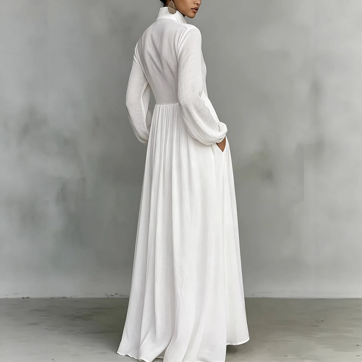 French Waist Controlled Long Sleeves Pleated Shirt Dress Pure Cotton High Quality Casual Vacation Maxi Dress  DestGlow