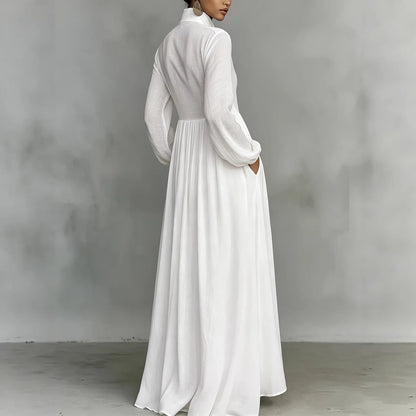 French Waist Controlled Long Sleeves Pleated Shirt Dress Pure Cotton High Quality Casual Vacation Maxi Dress  DestGlow