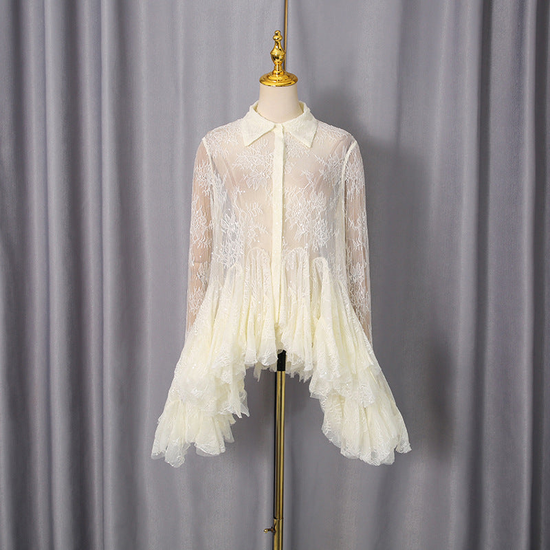 French Sexy Short Dress Spring Polo Collar Single Breasted Waist Controlled Slimming Long Sleeve Lace Stitching Dress by Ragazza