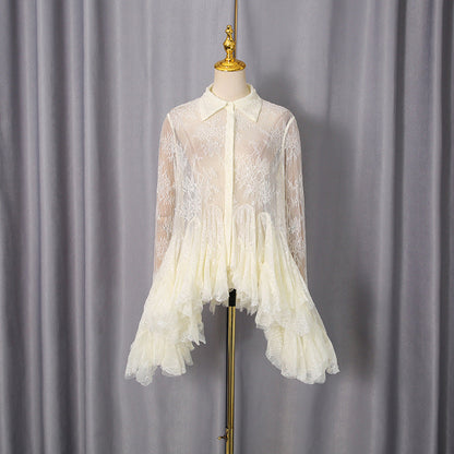 French Sexy Short Dress Spring Polo Collar Single Breasted Waist Controlled Slimming Long Sleeve Lace Stitching Dress by Ragazza
