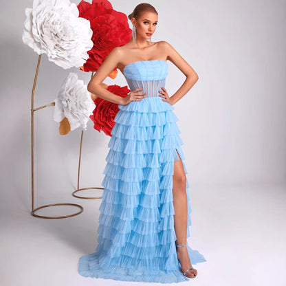 Ice Blue Strapless Evening Dress Three Dimensional Multi Layer Mesh Design See through Waist Split Cocktail Dress by Ragazza