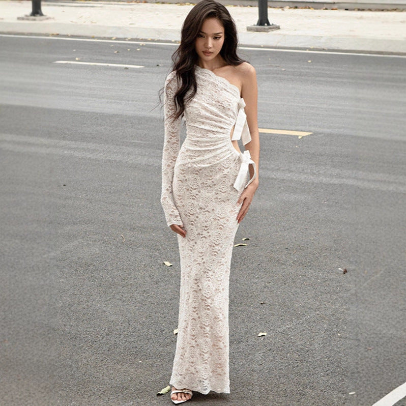 Autumn Winter Sexy Lace Bow Hollow Out Cutout out Long Sleeve One Shoulder Diagonal Collar Dress Women by Ragazza