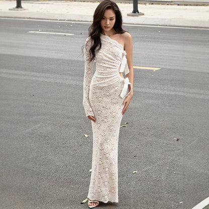 Autumn Winter Sexy Lace Bow Hollow Out Cutout out Long Sleeve One Shoulder Diagonal Collar Dress Women by Ragazza