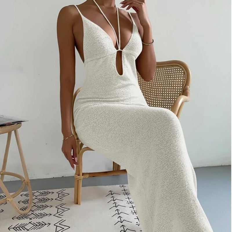 Women Clothes Sexy Sexy Cutout Lace Up Halter Spaghetti Straps Stitching Dress Maxi Dress Women by Ragazza