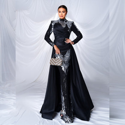 High End Long Sleeve Crew Neck Long Sequined Cocktail Fishtail Evening Dress Bridesmaid Dress Women by Ragazza
