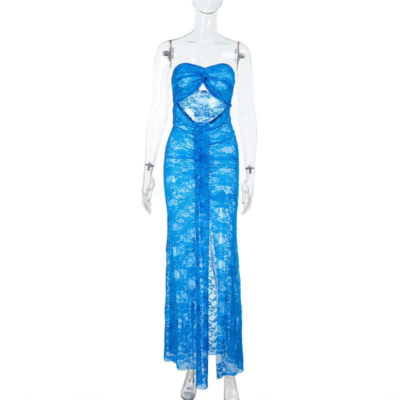 Vacation Lace Beach Dress Sexy Mesh Tube Top Hollow Out Cutout out See through Maxi Dress by Ragazza