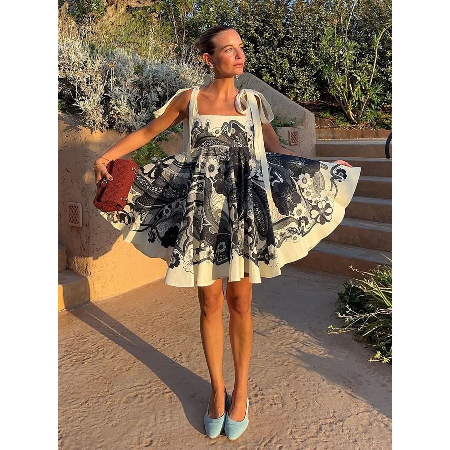 Spring Summer Holiday Positioning Printing Lace up Short Dress by Ragazza