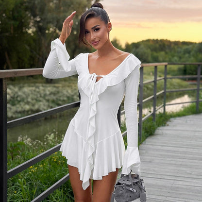 Women Clothing Ruffled Pointed Collar Rope Bell Sleeve Dress by Ragazza