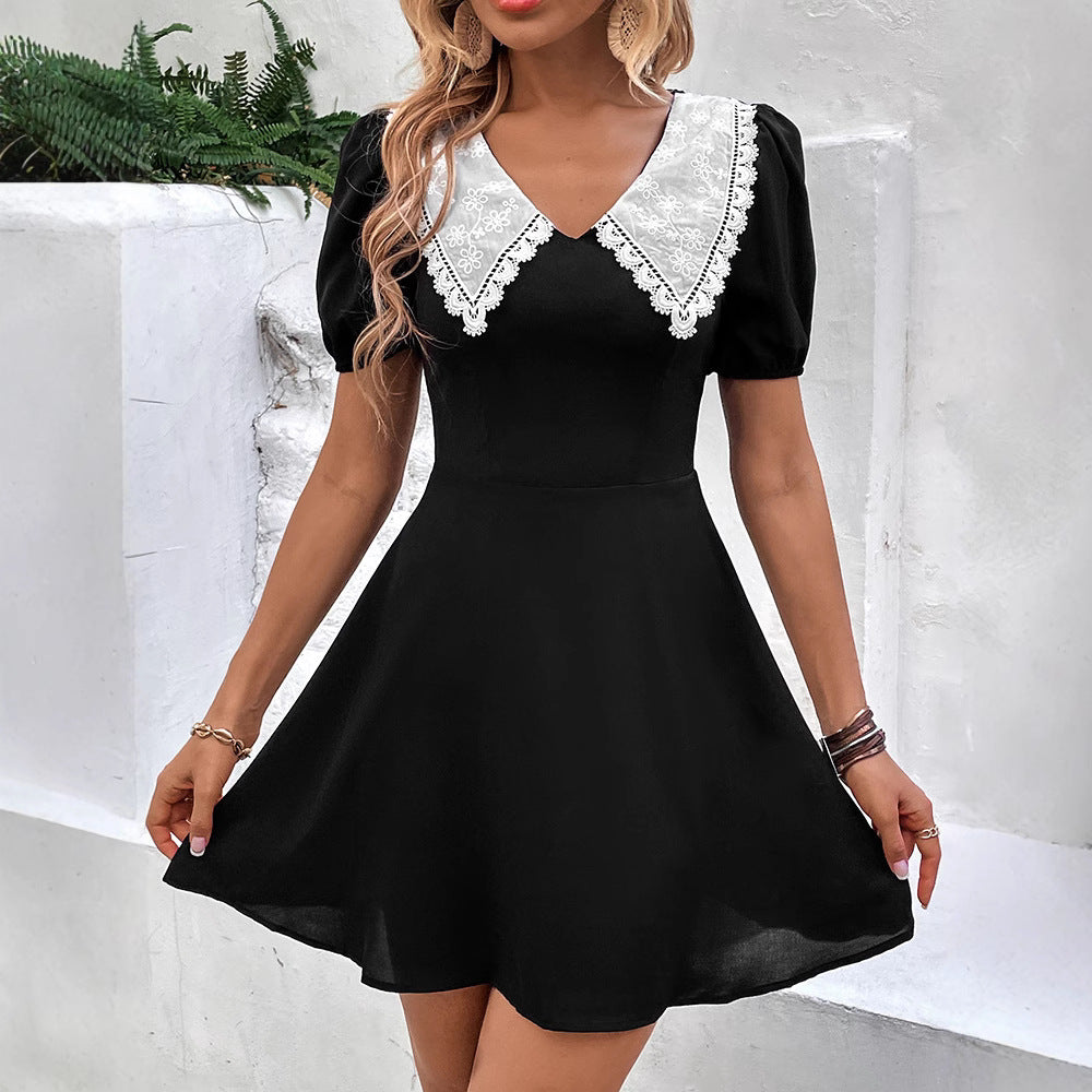 Summer Sweet Spicy Short Dress Contrast Color Doll Collar Puff Sleeve Dress by Ragazza