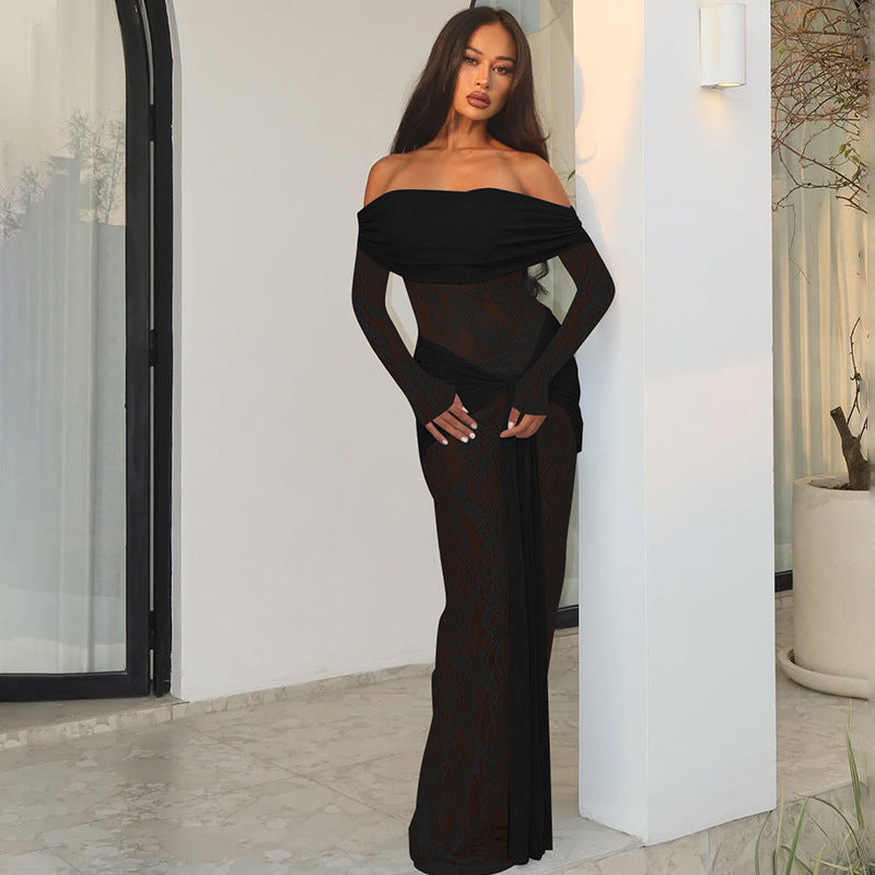 Women Clothing Autumn Elegant Lace Patchwork Maxi Dress off Shoulder Long Sleeve Tied Dress by Ragazza