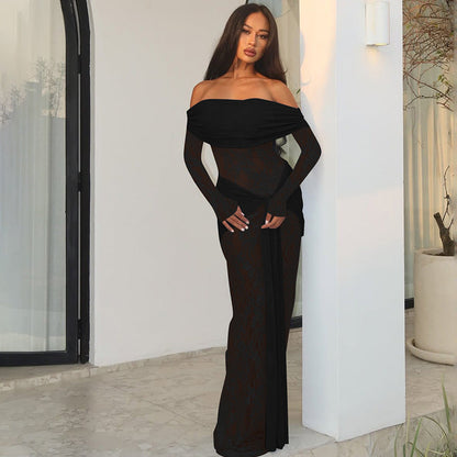 Women Clothing Autumn Elegant Lace Patchwork Maxi Dress off Shoulder Long Sleeve Tied Dress by Ragazza