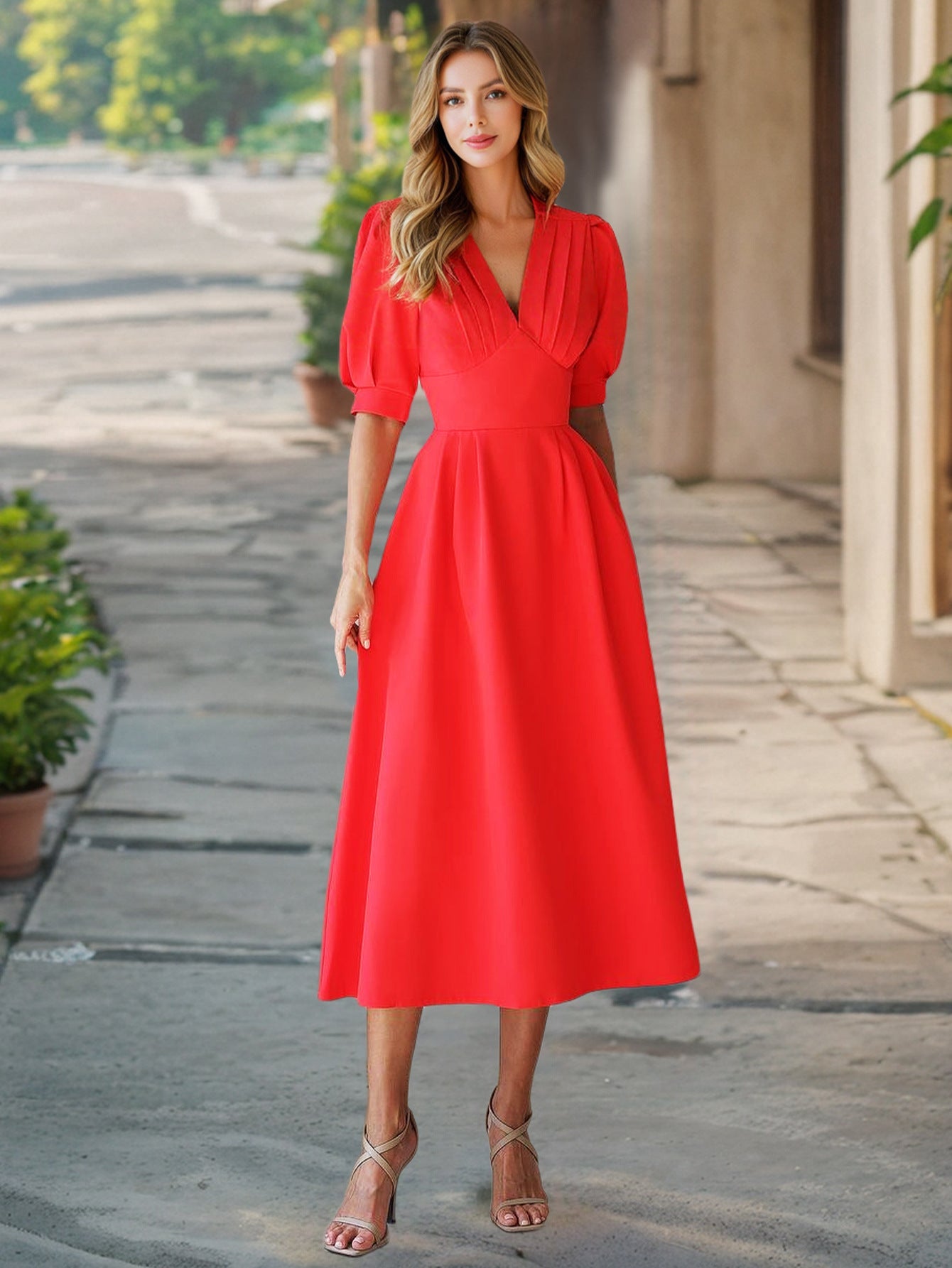 Summer Retro Solid Color V neck Lantern Sleeve Slim Fit Dress by Ragazza